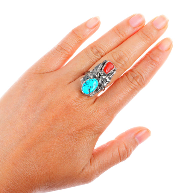 sz7 vintage Navajo sterling silver turquoise and coral size 7 ring