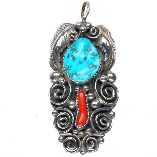 Vintage MNT Navajo sterling silver turquoise and coral large pendant