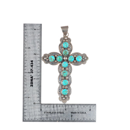 Sam Arviso Navajo sterling silver turquoise row deep stamped cross pendant