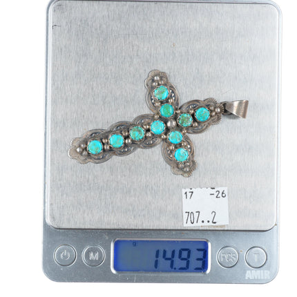 Sam Arviso Navajo sterling silver turquoise row deep stamped cross pendant