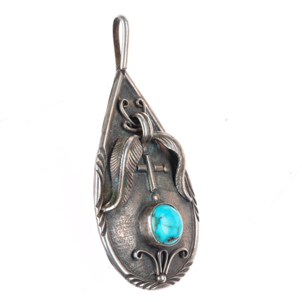 Vintage Native American sterling silver turquoise pendant w/feather designs