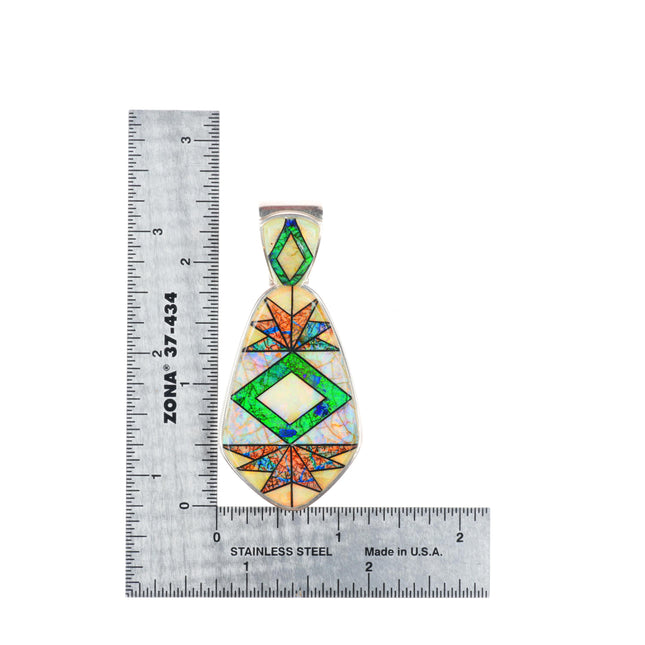 Calvin Begay Navajo sterling silver Opalite intarsia inlay pendant