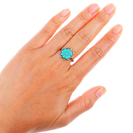 sz7.75 vintage Zuni sterling silver Dishta style inlay turquoise flower ring