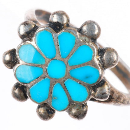 sz7.75 vintage Zuni sterling silver Dishta style inlay turquoise flower ring