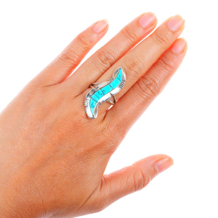 sz7 vintage Navajo sterling silver turquoise cobblestone inlay ring Running Bear