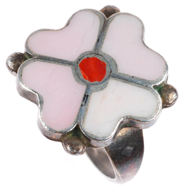 sz7.25 vintage Zuni sterling silver dogwood shell/coral inlay ring