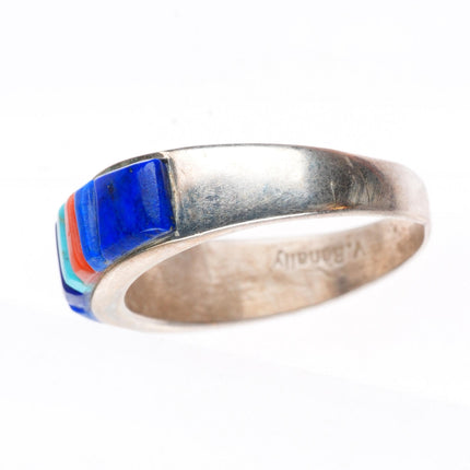 sz8 Veronica Benally Navajo sterling silver Lapis-turquoise-coral corn row ring