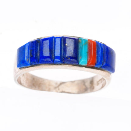 sz8 Veronica Benally Navajo sterling silver Lapis-turquoise-coral corn row ring