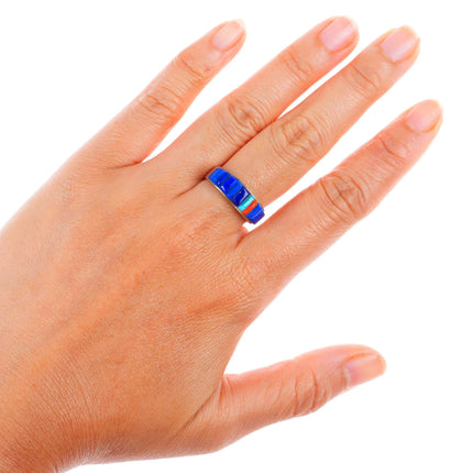 sz8 Veronica Benally Navajo sterling silver Lapis-turquoise-coral corn row ring