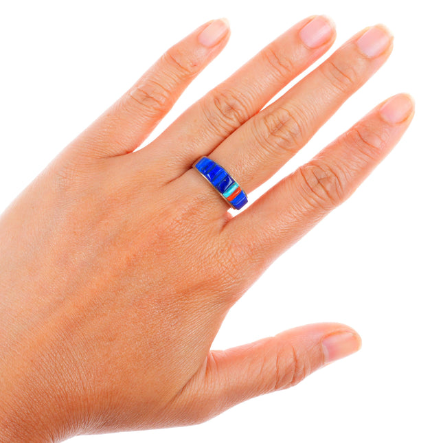 sz8 Veronica Benally Navajo sterling silver Lapis-turquoise-coral corn row ring