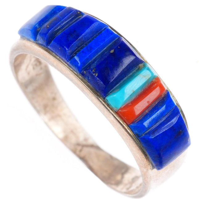 sz8 Veronica Benally Navajo sterling silver Lapis-turquoise-coral corn row ring