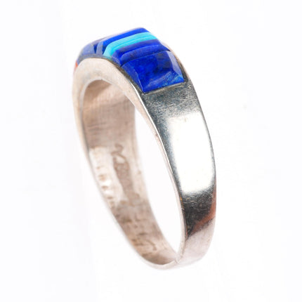 sz8.5 Veronica Benally Navajo sterling silver Lapis-turquoise-coral inlay ring