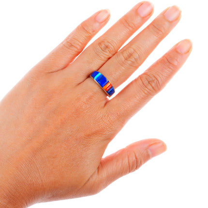 sz8.5 Veronica Benally Navajo sterling silver Lapis-turquoise-coral inlay ring