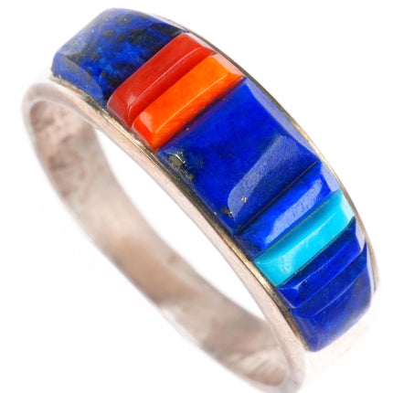 sz8.5 Veronica Benally Navajo sterling silver Lapis-turquoise-coral inlay ring