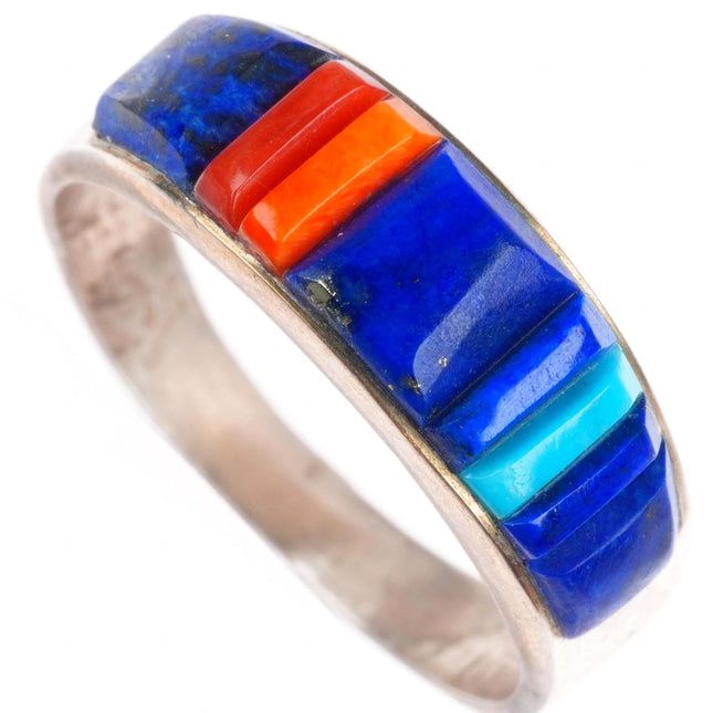 sz8.5 Veronica Benally Navajo sterling silver Lapis-turquoise-coral inlay ring