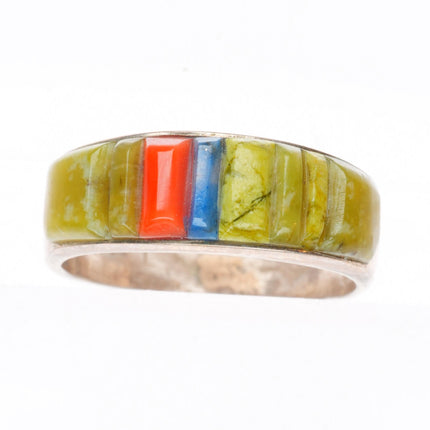 sz7 Veronica Benally Navajo sterling silver Serpentine, Denim Lapis, coral ring