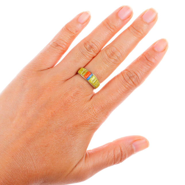 sz7 Veronica Benally Navajo sterling silver Serpentine, Denim Lapis, coral ring