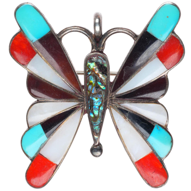 Lasiloo Zuni sterling silver multi-ston/shell inlay butterfly pendant-Pin/brooch