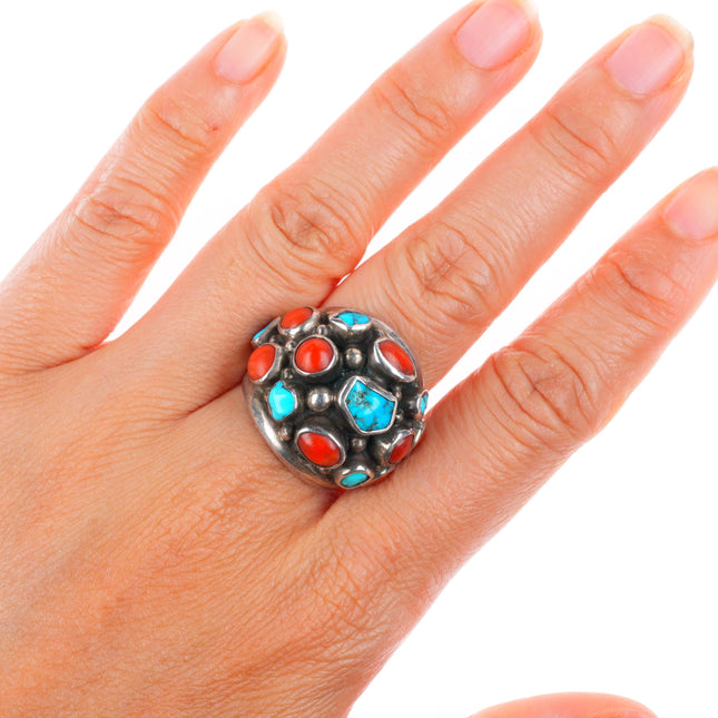 sz7.5 vintage Navajo sterling silver turquoise, coral cluster knuckle ring