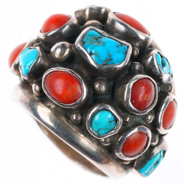 sz7.5 vintage Navajo sterling silver turquoise, coral cluster knuckle ring