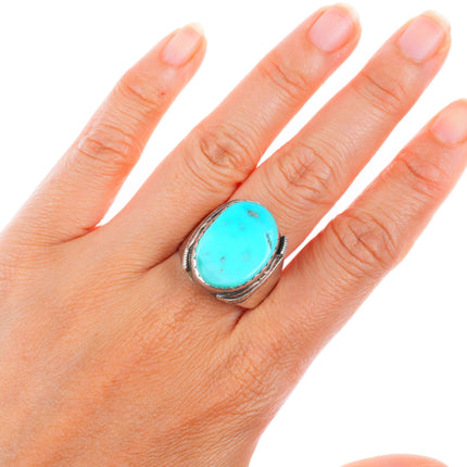 sz11 vintage Navajo sterling silver turquoise ring with feather on side