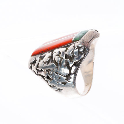 sz9 Larry Castillo Navajo sterling silver turquoise/coral inlay ring
