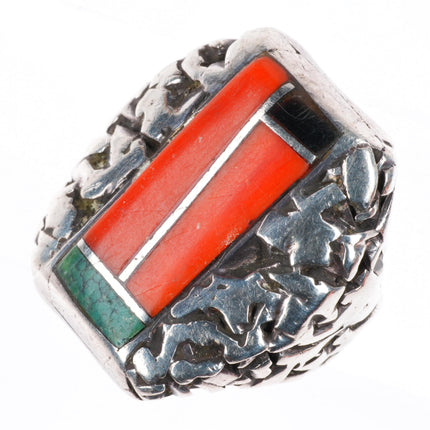 sz9 Larry Castillo Navajo sterling silver turquoise/coral inlay ring