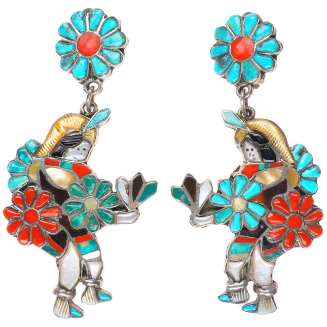 Big vintage Zuni sterling silver stone/shell inlaid dancer clip on earrings