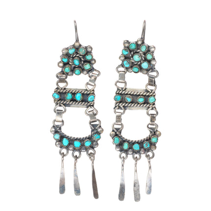 Long vintage Zuni sterling silver snake eye turquoise chandelier earrings