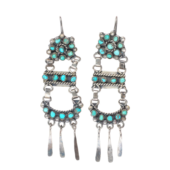 Long vintage Zuni sterling silver snake eye turquoise chandelier earrings