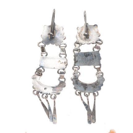 Long vintage Zuni sterling silver snake eye turquoise chandelier earrings
