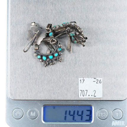 Long vintage Zuni sterling silver snake eye turquoise chandelier earrings