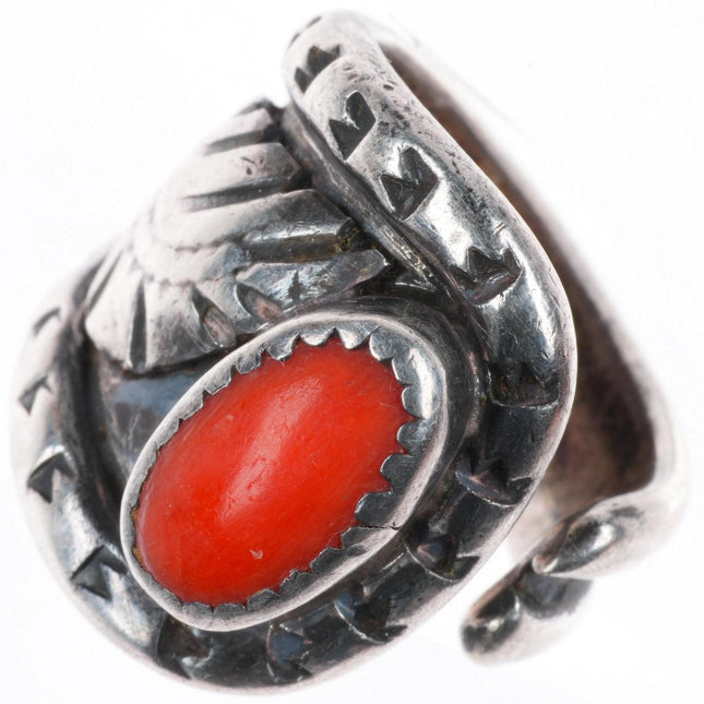 sz5.5 vintage Navajo sterling silver coral adjustable feather decorated ring