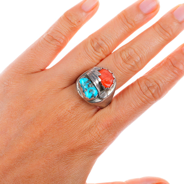 sz11 Vintage Zuni sterling silver turquoise and coral size 11 men's ring