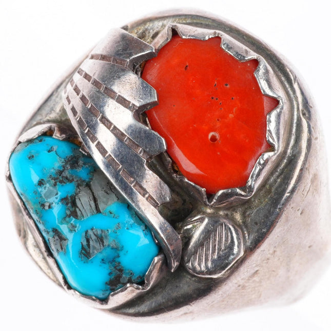 sz11 Vintage Zuni sterling silver turquoise and coral size 11 men's ring