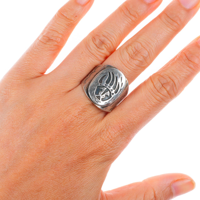 sz11 vintage Navajo sterling silver bear paw overlay men's ring
