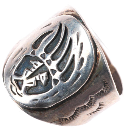 sz11 vintage Navajo sterling silver bear paw overlay men's ring