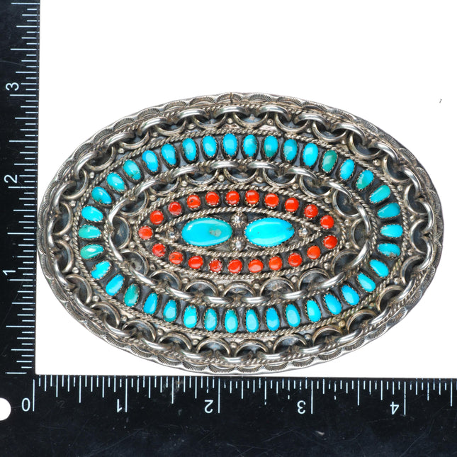 1.5" Big Larry Moses Begay Navajo sterling silver - turquoise-coral belt buckle