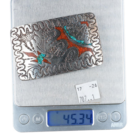 1.5" vintage Navajo sterling silver chip inlay turquoise peyote bird belt buckle