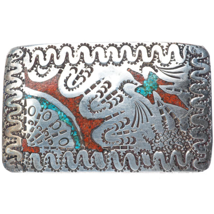 1.5" vintage Navajo sterling silver chip inlay turquoise peyote bird belt buckle