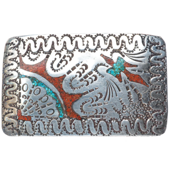 1.5" vintage Navajo sterling silver chip inlay turquoise peyote bird belt buckle