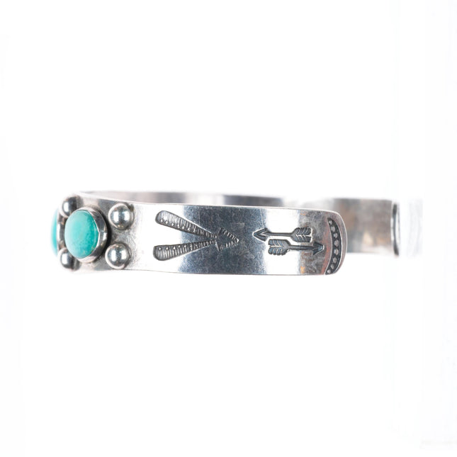 6.5" 1940's vintage Navajo sterling silver turquoise row cuff bracelet