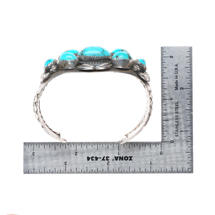 6.6" c1950's vintage Navajo sterling silver turquoise cluster cuff bracelet