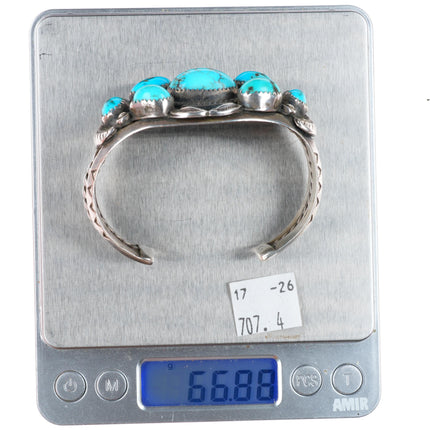 6.6" c1950's vintage Navajo sterling silver turquoise cluster cuff bracelet
