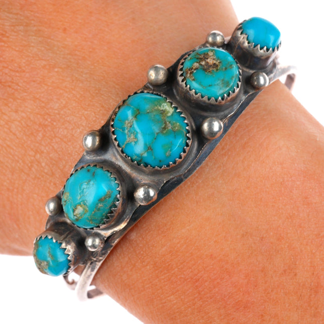 6" vintage Navajo sterling silver turquoise row cuff bracelet twisted center