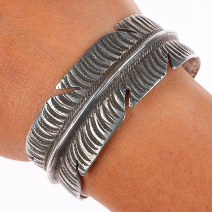 6.25" vintage Native American sterling silver stamped feather cuff bracelet