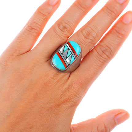 sz11 Vintage MC Native American sterling silver intarsia inlay men's ring