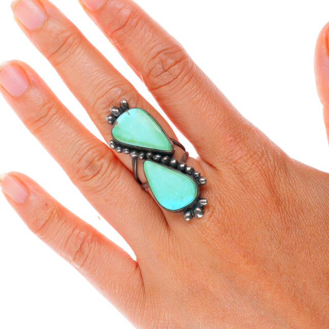 sz7 vintage Navajo sterling silver 2 stone turquoise long ring
