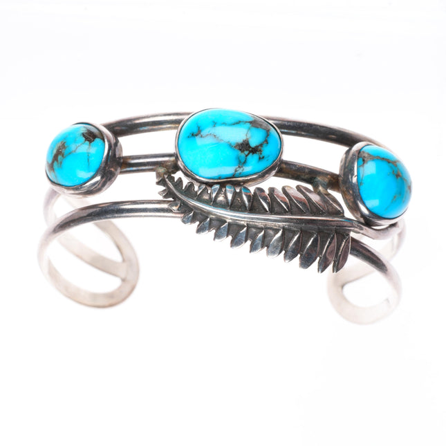 6.3" vintage Native American sterling silver turquoise feather cuff bracelet