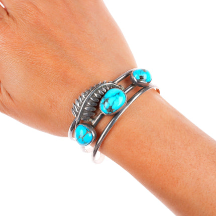 6.3" vintage Native American sterling silver turquoise feather cuff bracelet